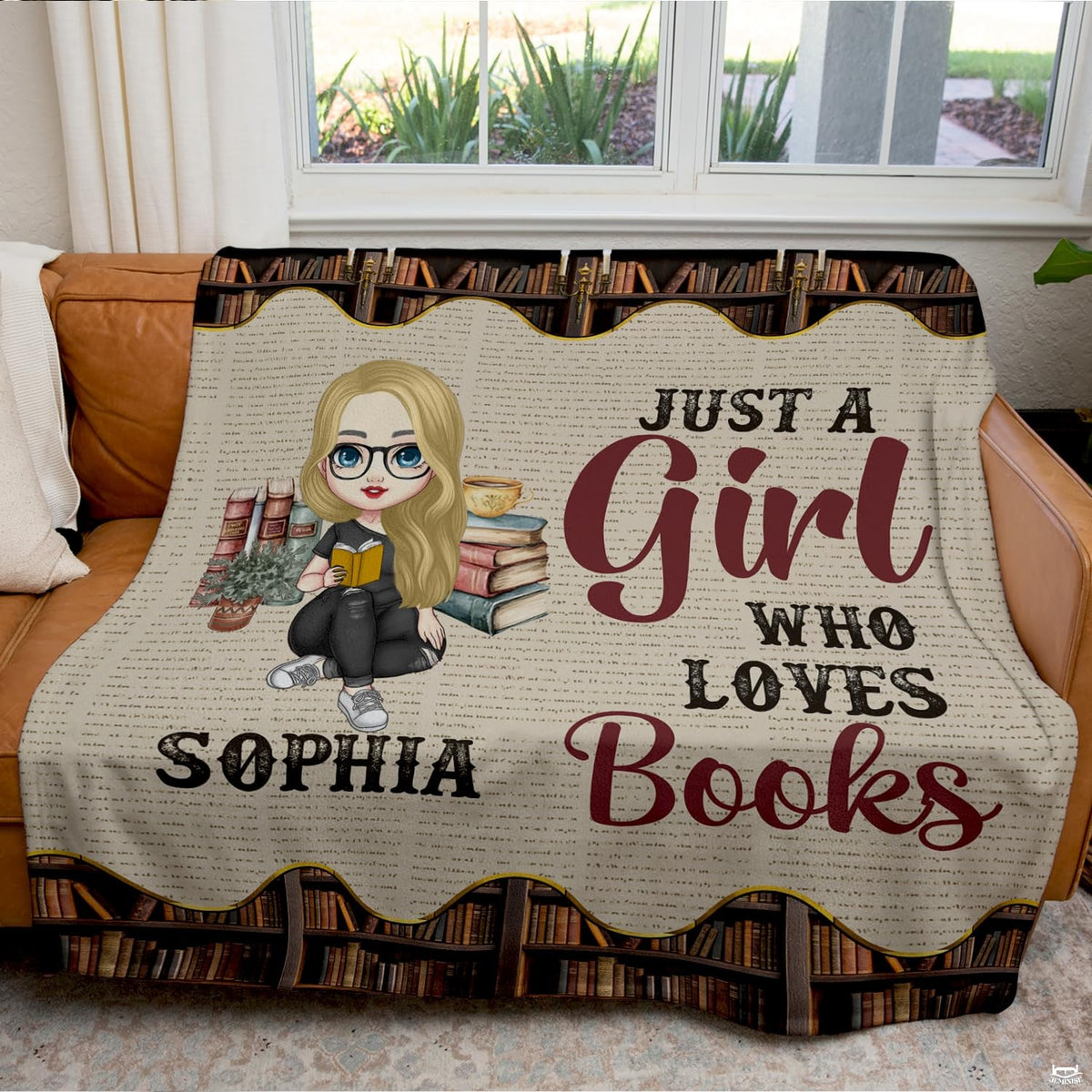 Feature diagram for the custom reader girl throw blanket showing rich print quality and durable construction.