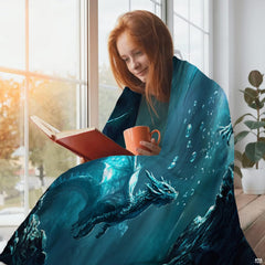Underwater fantasy dragons throw blanket draped gracefully over a modern sofa.