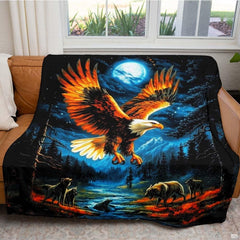 Soaring eagle wolves full moon throw blanket view 5 detailing nocturnal wildlife artwork