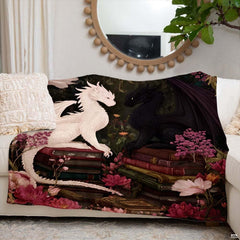 White and black dragons throw blanket view 5 highlighting twin drakes, books, and peony flowers