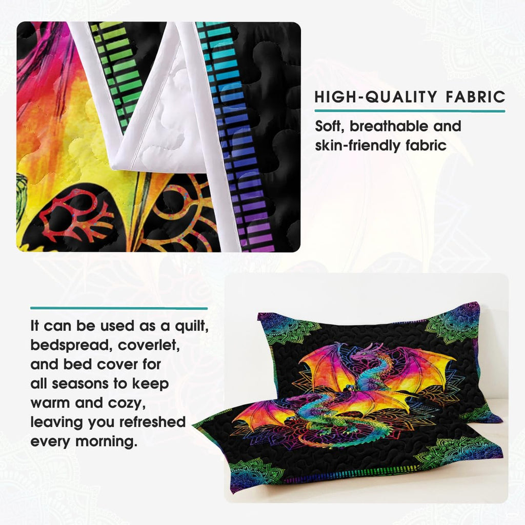 Full bedroom display of vibrant dragon bedding styled with contemporary fantasy room decor accents