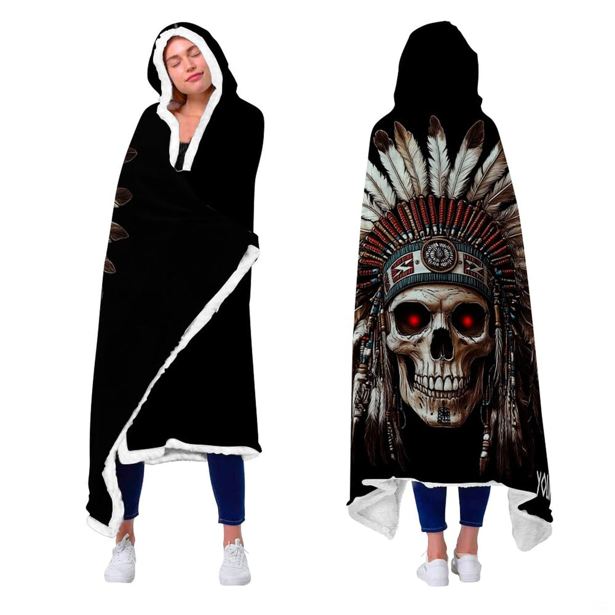 Detailed Native American style feather war bonnet on illustrated skull artwork