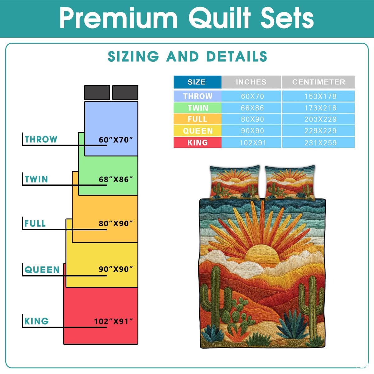 Personalized Desert Cactus Sunset Quilt Set, Machine Washable