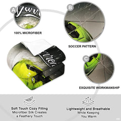 Overhead view of neon yellow soccer bedding spread across a contemporary youth bedroom bed