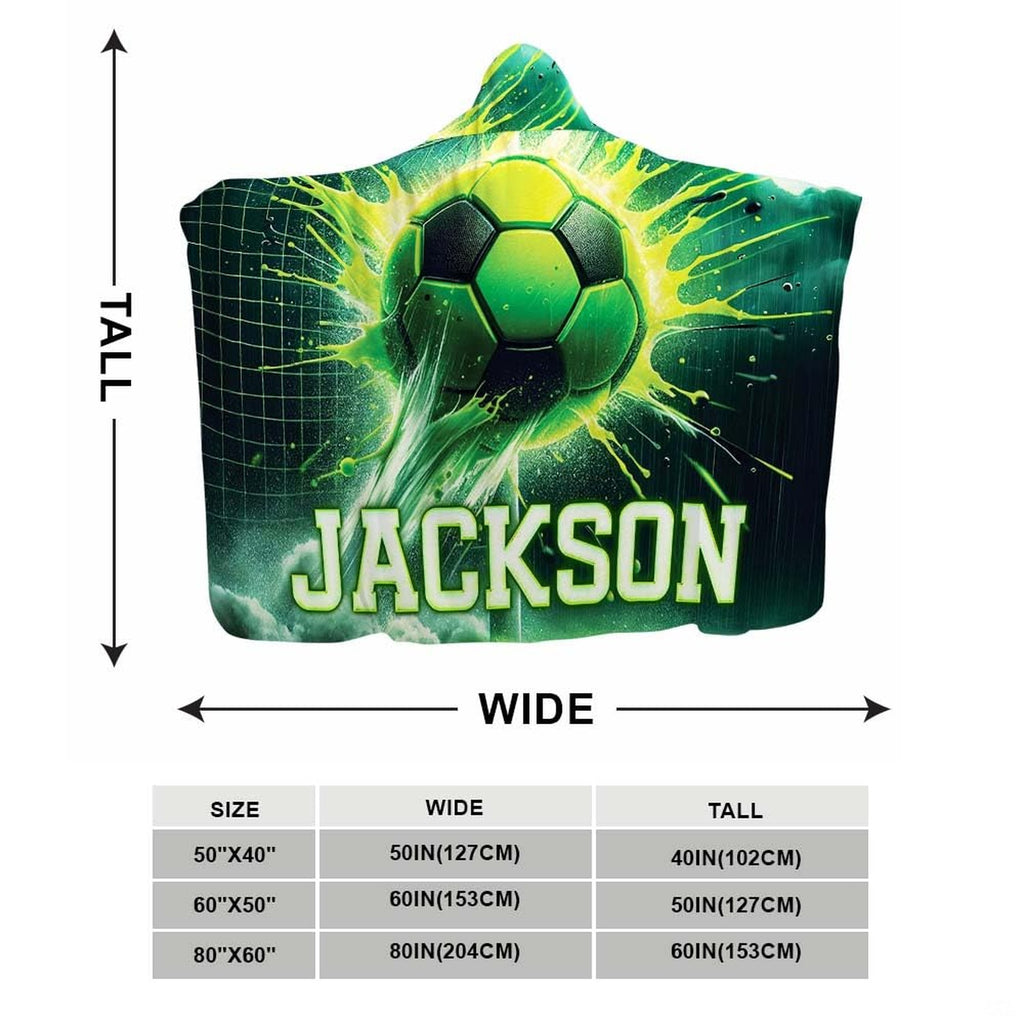 Close-up of soccer room bedding artwork showcasing glowing neon splash and goal graphic details.