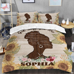 Close-up view of Christian bedding highlighting detailed devotional scripture typography and butterfly accents
