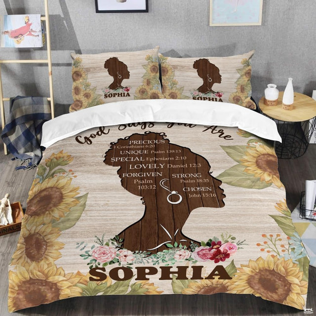 Close-up view of Christian bedding highlighting detailed devotional scripture typography and butterfly accents