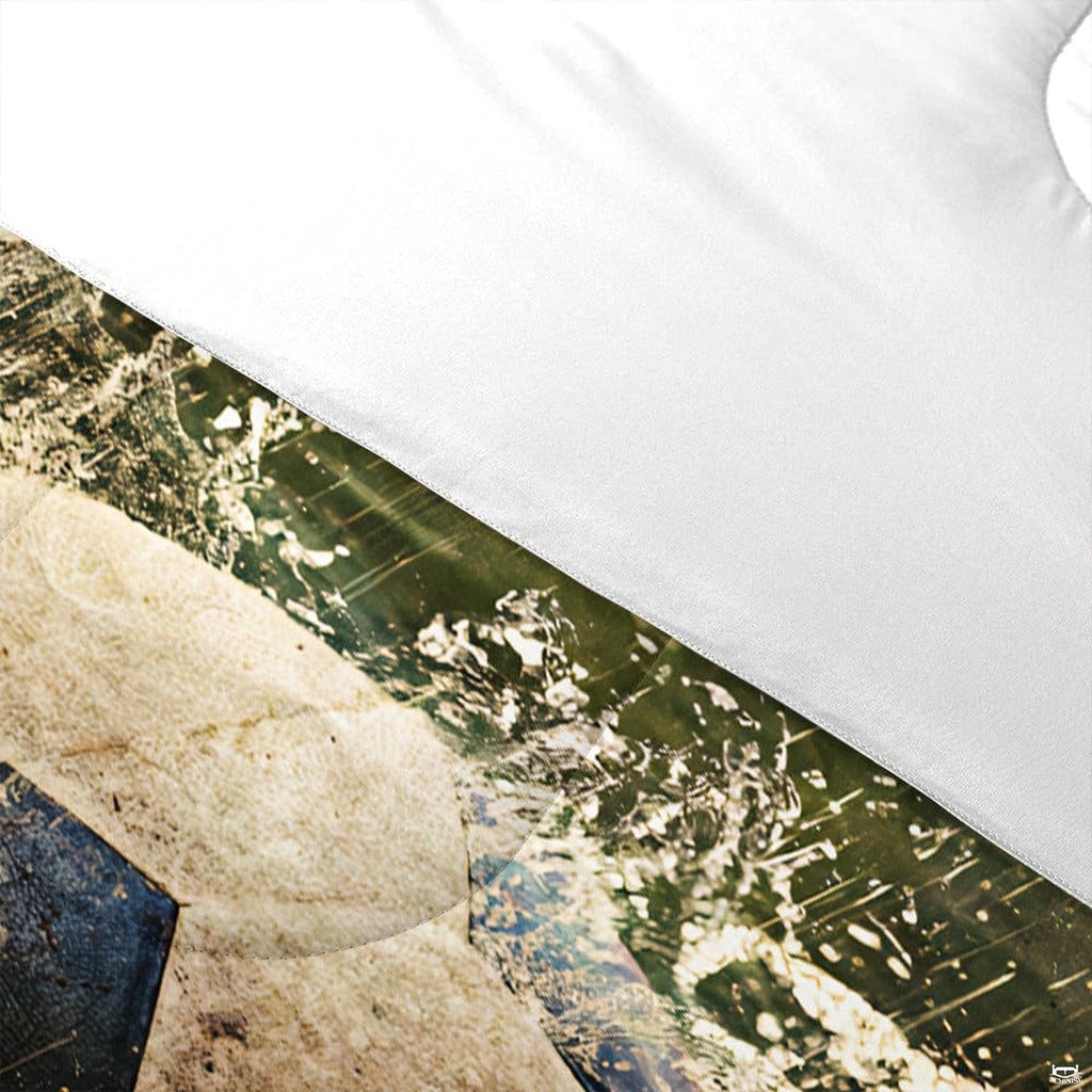 Side angle view of olive turf soccer bedding styled with athletic room accents and furniture