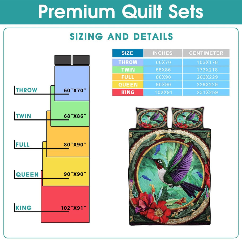 Turquoise hummingbird medallion bedding shown beside a sizing infographic