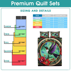 Turquoise hummingbird medallion bedding shown beside a sizing infographic
