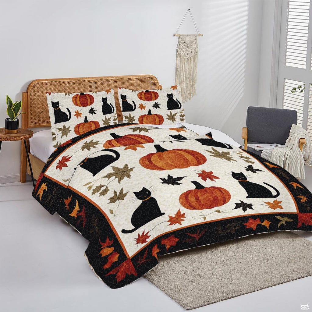Overhead perspective of festive harvest autumn leaves bed and breakfast bedroom styling.