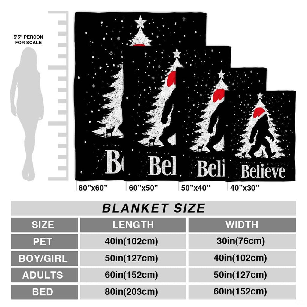 Christmas Bigfoot throw blanket view 4 highlighting Santa hat silhouette, falling snow, and festive tree