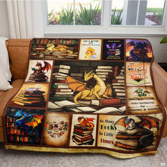 Dragon and book stack collage blanket flat unfolded view