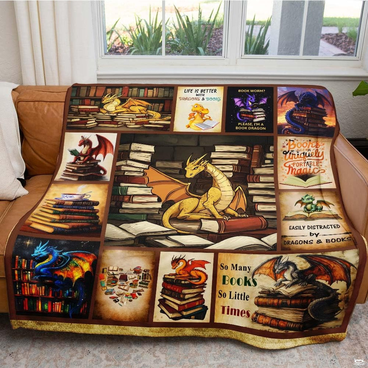 Dragon and book stack collage blanket flat unfolded view