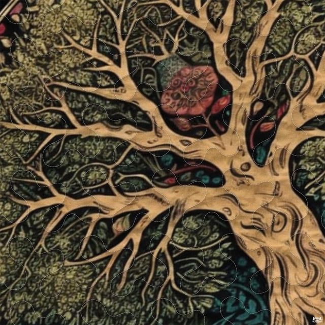 Close-up perspective of botanical bedding detailing golden tree branches, intricate roots, and paisley flourishes