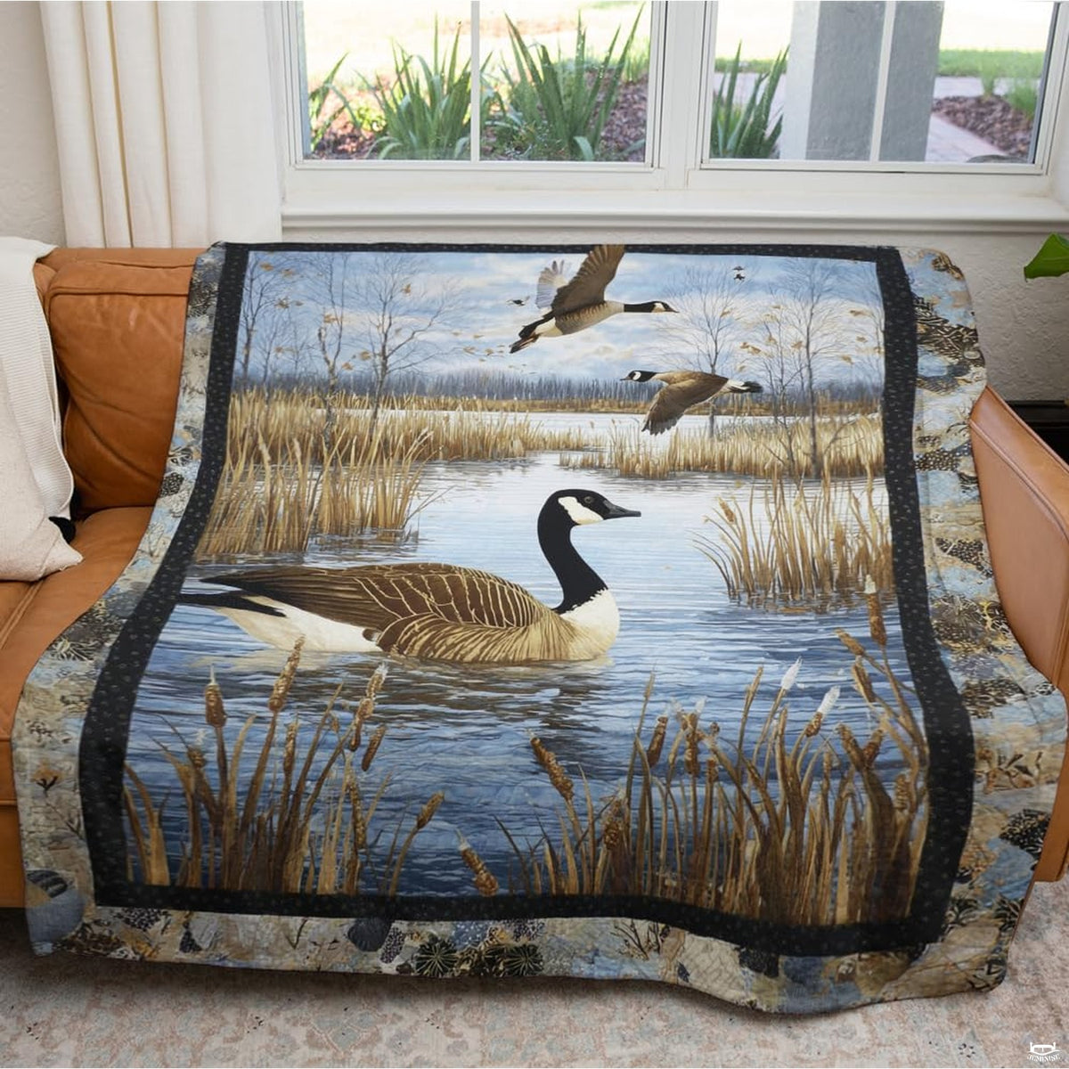 Canada goose floating on marsh water with flying geese and autumn cattails, view 4.