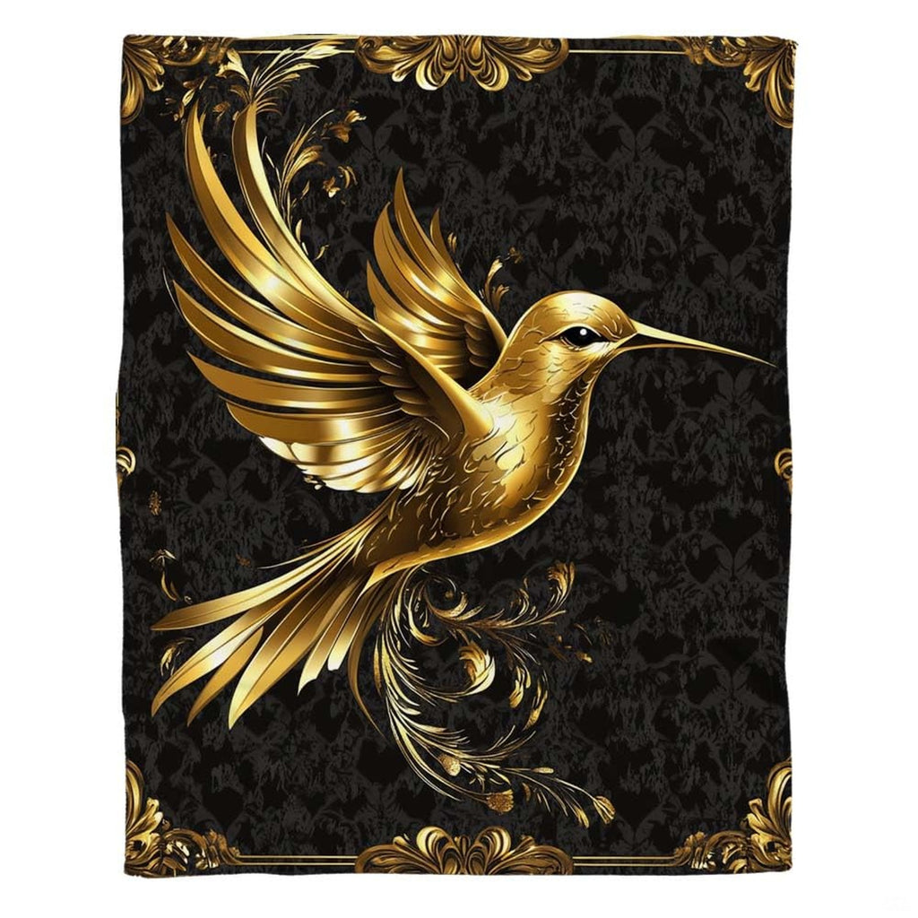 Close-up of radiant gilded hummingbird feathers and ornate rococo flourishes.