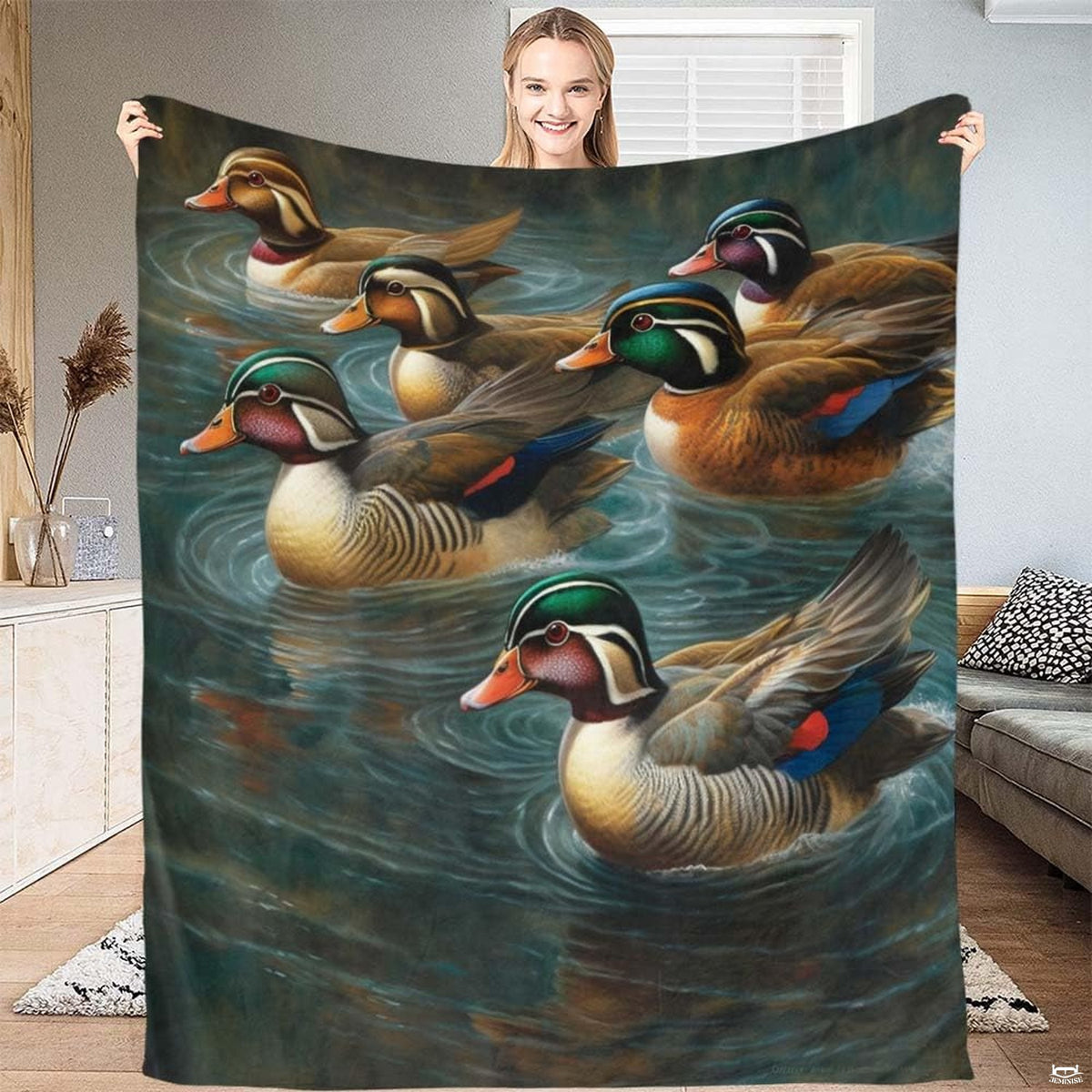 Close up of wood duck sheets showcasing iridescent green crests, chestnut chests, and cobalt wing accents.