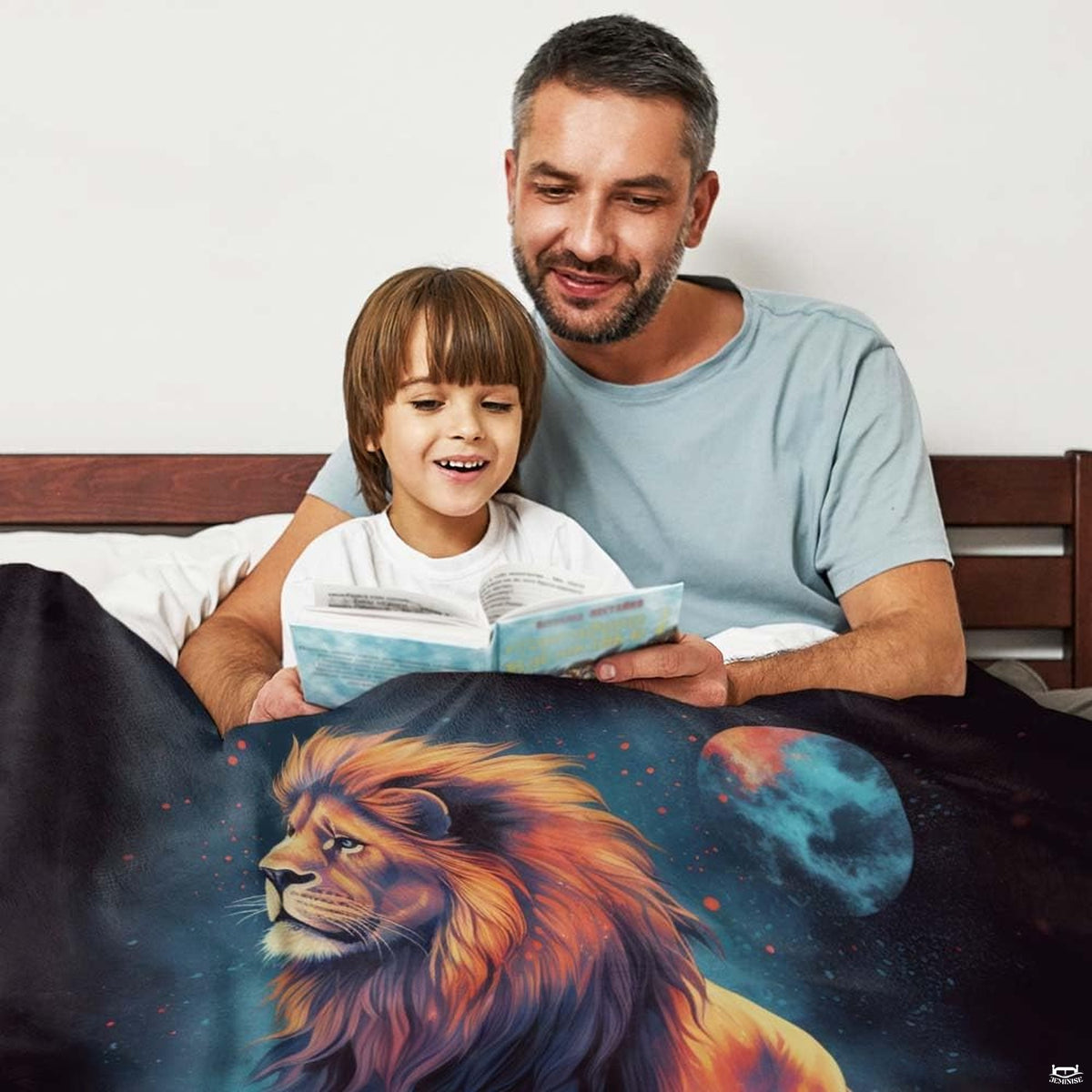 Woman holding open cosmic prowling lion celestial moon throw blanket in bright room