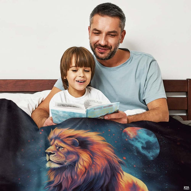 Woman holding open cosmic prowling lion celestial moon throw blanket in bright room