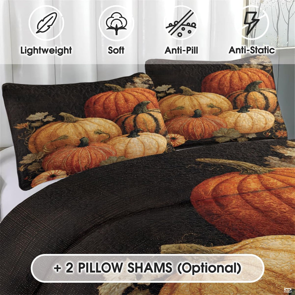 Bedroom styling featuring fall pumpkin bed sheets and thematic accent seasonal home accents.