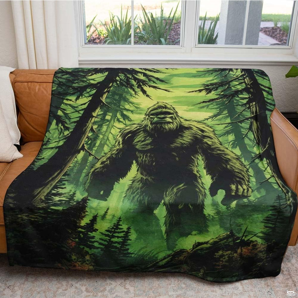 Bigfoot Sasquatch walking through misty evergreen pine forest, view 5.