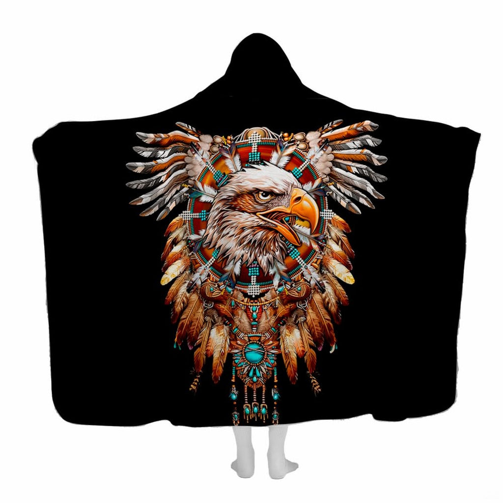 Native American bald eagle spirit totem with turquoise beads and feathers on black, view 1.