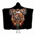 Native American bald eagle spirit totem with turquoise beads and feathers on black, view 1.