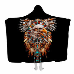 Native American bald eagle spirit totem with turquoise beads and feathers on black, view 1.