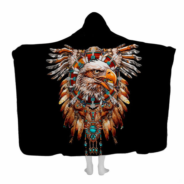 Native American bald eagle spirit totem with turquoise beads and feathers on black, view 1.