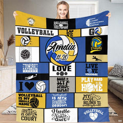 Volleyball typography sports throw blanket view 2 detailing geometric graphic panels and player silhouettes