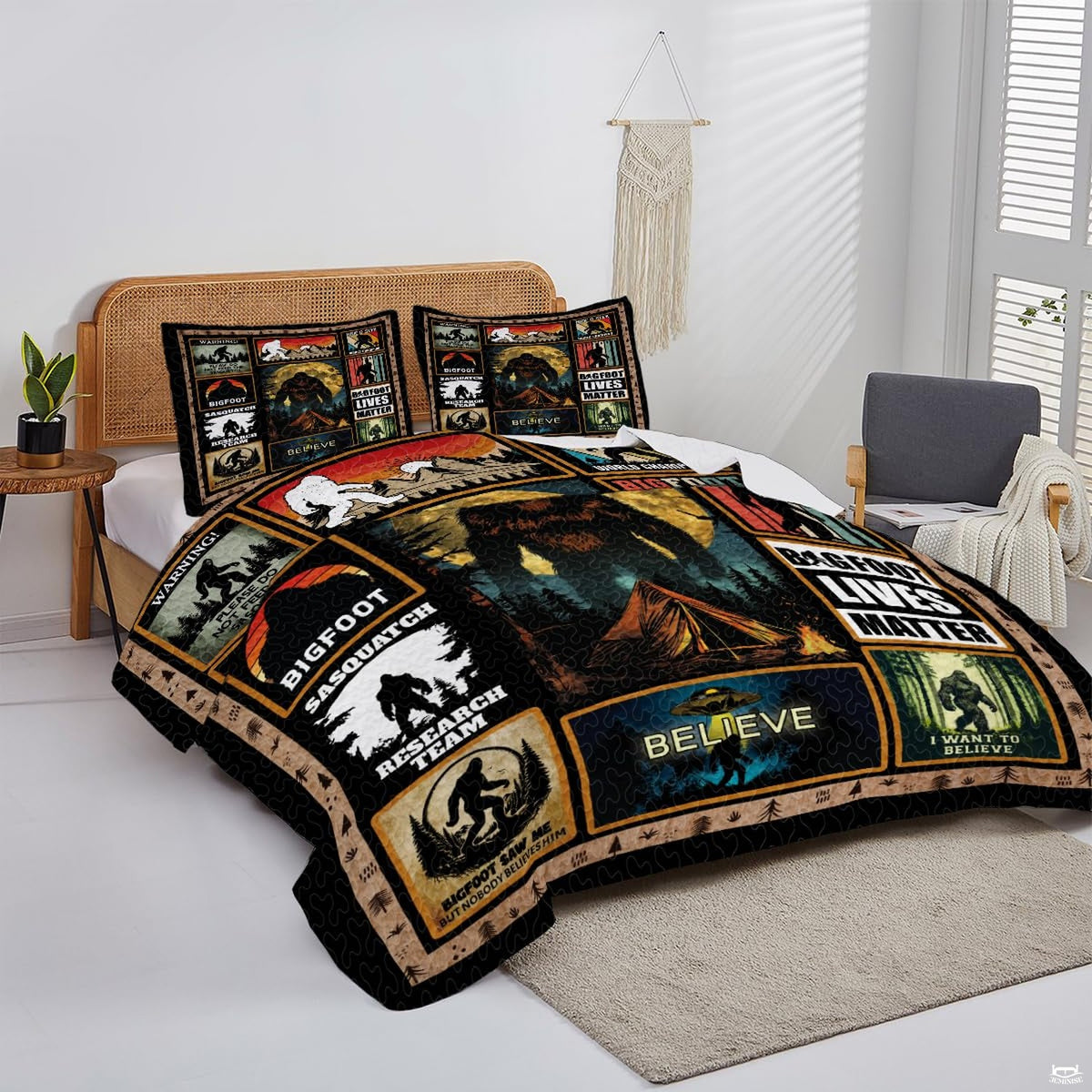 Cabin bedroom decor styling with a mythical creature and forest campsite bedding set