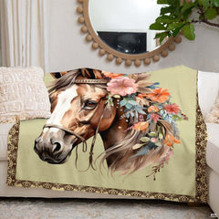 Floral crown horse portrait throw blanket styled neatly across bedroom bed