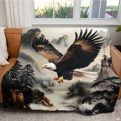 Close-up of eagle talons and feathered wings rendered in classic landscape painting style.