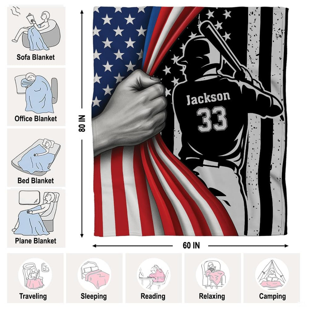 Detailed view of batter illustration and dynamic peeled flag graphics on athletic bedding.