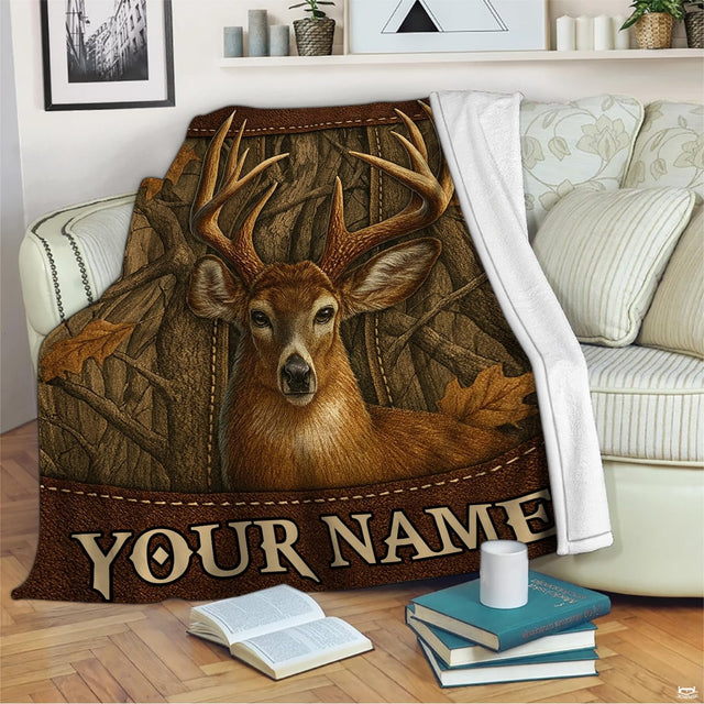 Close-up view of deer antler rack, lifelike eyes, and autumn foliage textures.