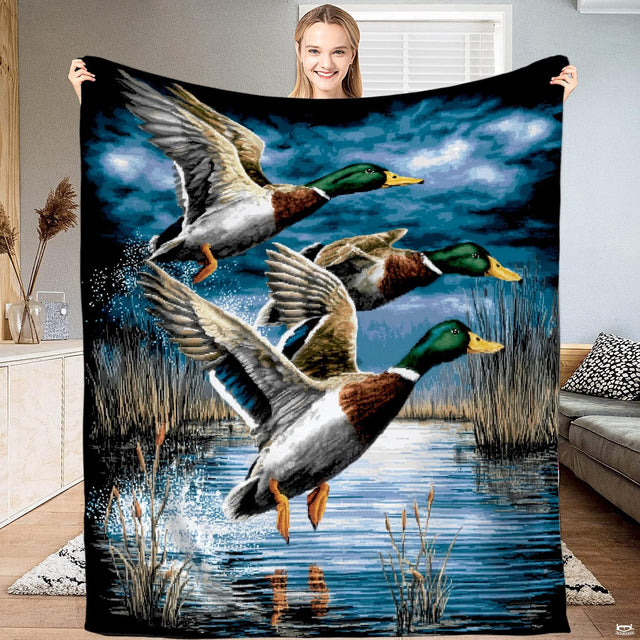 Flying mallard ducks lake wildlife throw blanket displaying three waterfowl in flight over a marsh lake