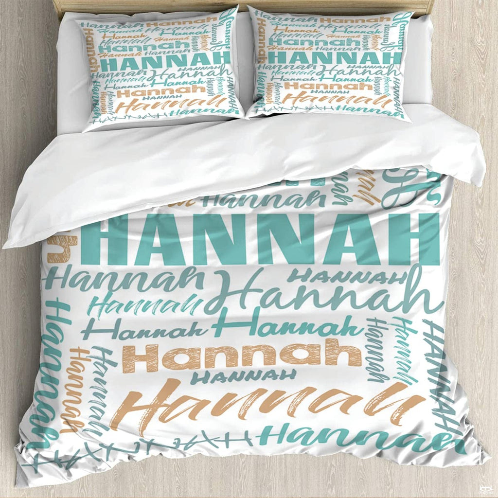 Turquoise typography bedding featuring an interlocking word collage in block and script fonts on white backdrop