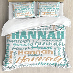 Turquoise typography bedding featuring an interlocking word collage in block and script fonts on white backdrop