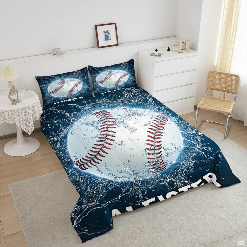 Close-up perspective of baseball bedding highlighting steel blue helmet illustration and ball lacing accents