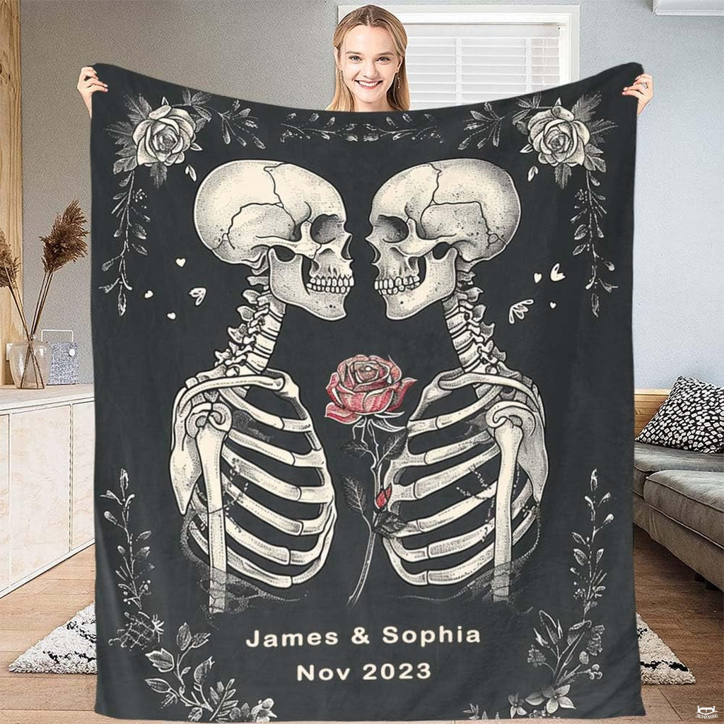 Lifestyle view showing gothic skull lovers design held open.