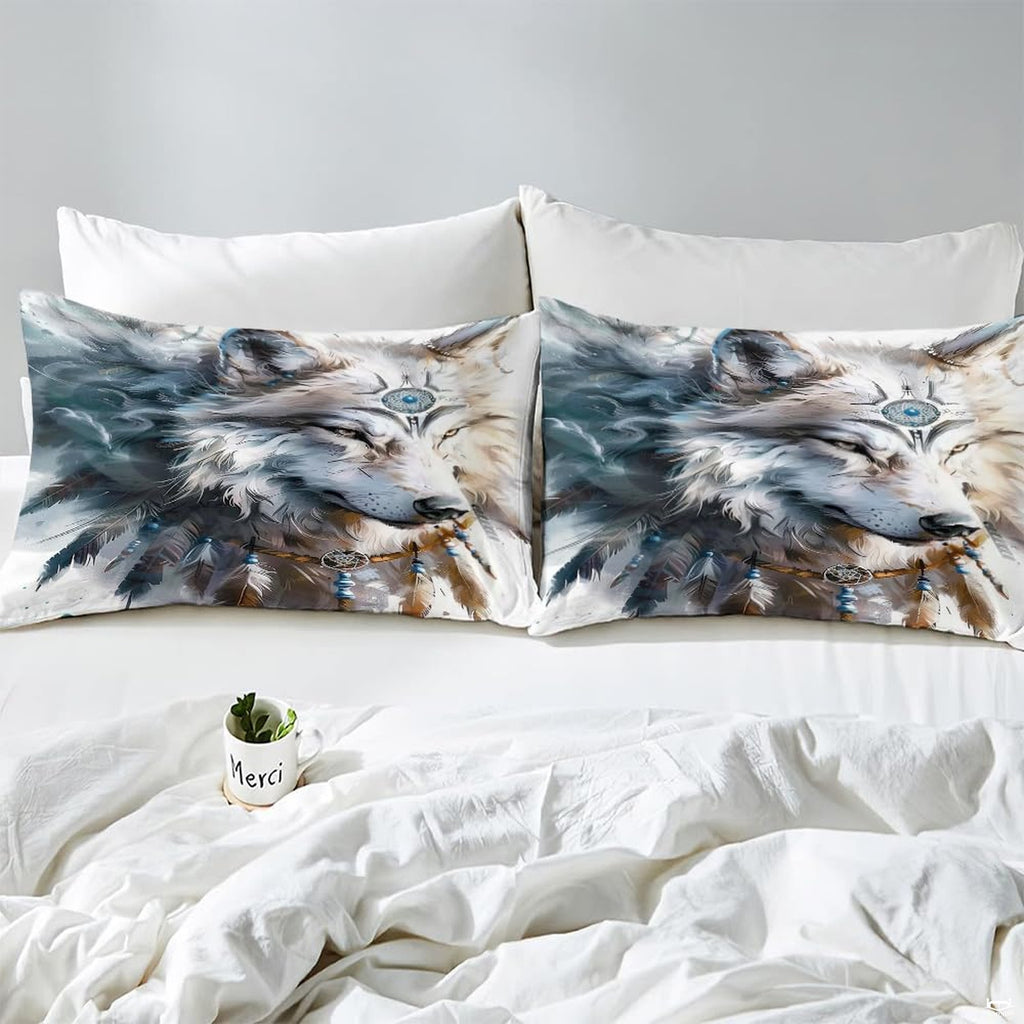 Close pillows with closed-eye wolf, blue forehead ornament, beads, and feathers