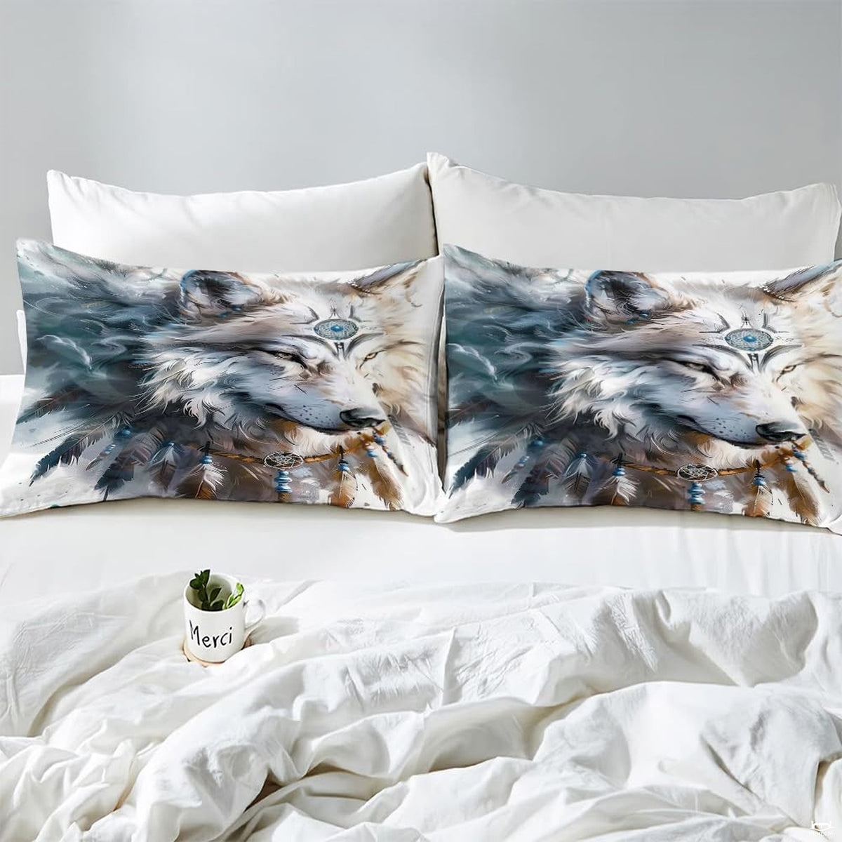 Close pillows with closed-eye wolf, blue forehead ornament, beads, and feathers