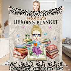 Cartoon girl reading with glasses on book stacks with leopard newsprint pattern, view 1.