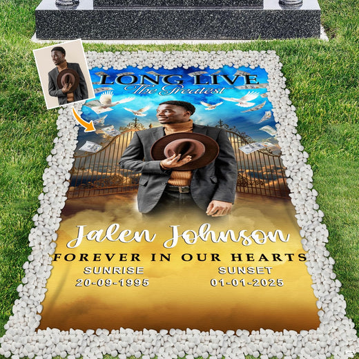Golden pearly gates memorial blanket displaying open gates, radiant clouds, and white doves.