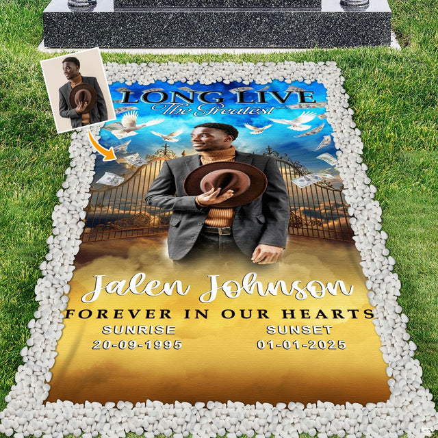 Golden pearly gates memorial blanket displaying open gates, radiant clouds, and white doves.