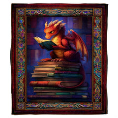 Close-up of reading dragon artwork with ruby and emerald stained-glass border accents.