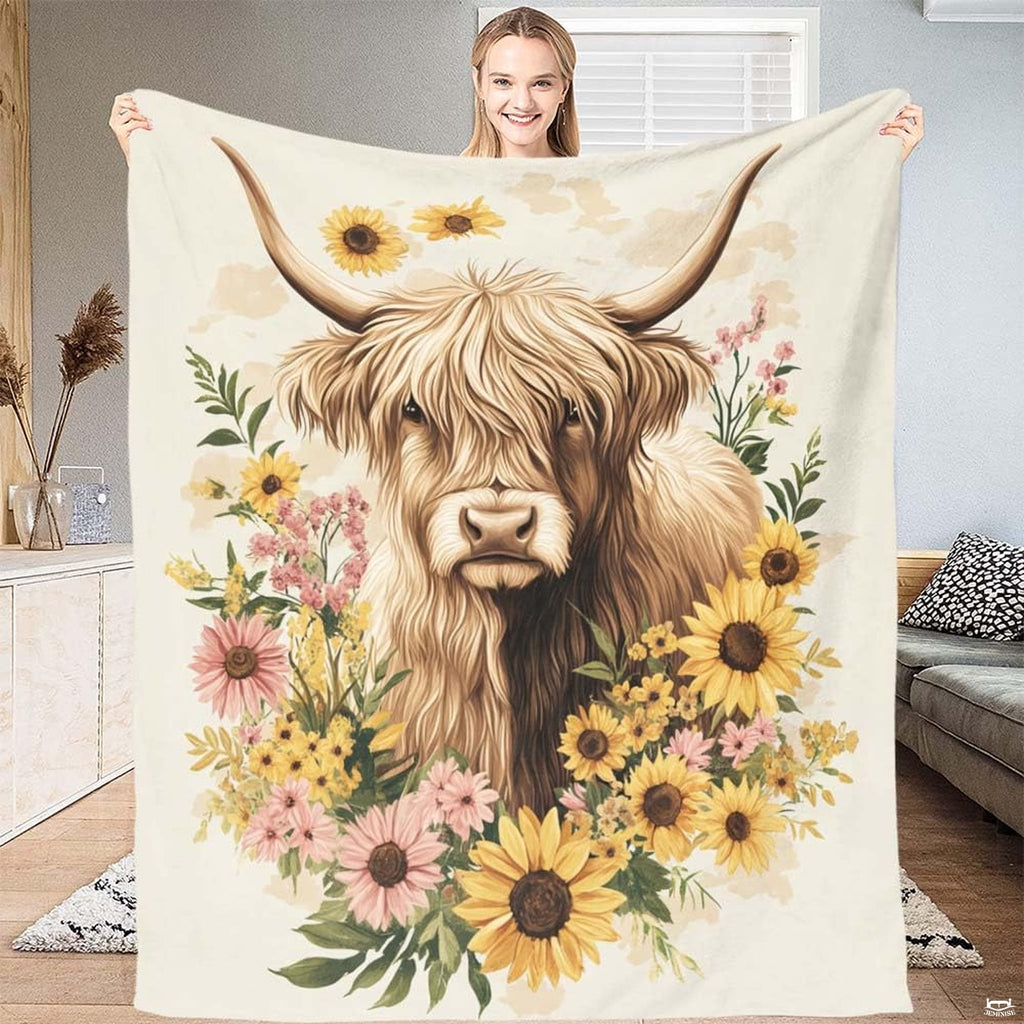 Highland cow bedding set featuring shaggy brown cattle portrait and yellow sunflower floral wreath decor