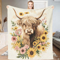 Highland cow bedding set featuring shaggy brown cattle portrait and yellow sunflower floral wreath decor