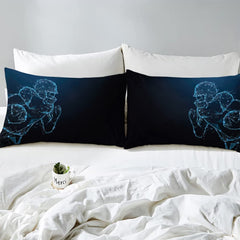 Corner fold view of football bedding highlighting sharp cyan graphic printing on dark gradient background